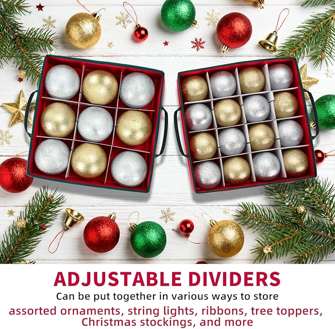 Large Christmas Ornament Storage Box With Adjustable Dividers,Ornament Storage Container with 8 Removable Trays for 128 Holiday Decorations,Red