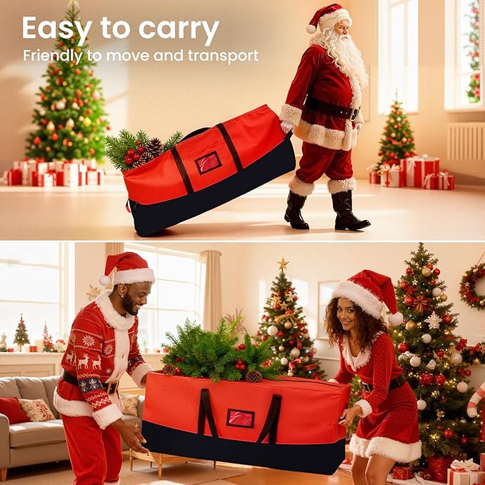 Heavy Duty Christmas Tree Storage Bag for Trees Up to 9ft – Waterproof, 600D Durable Zipper & Handles, Holiday Storage Solution (Black&Red)