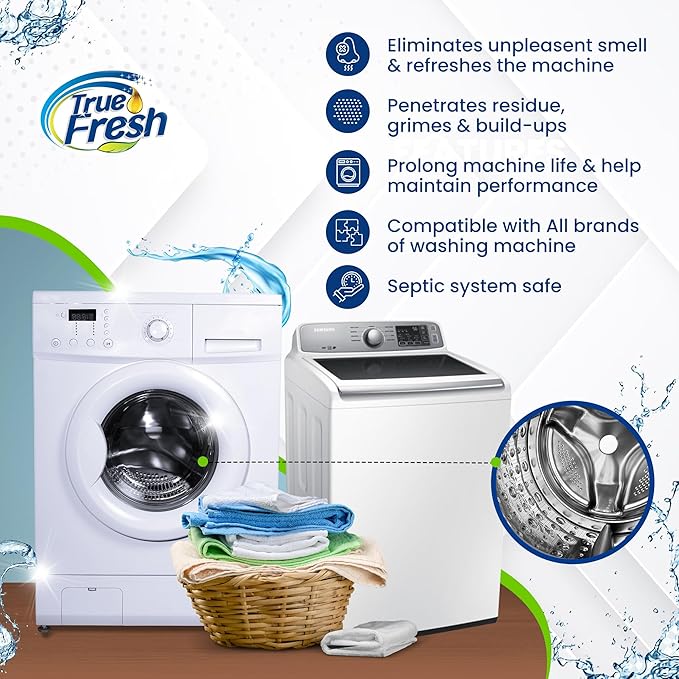 True Fresh Washing Machine Cleaner Tablets – 25-Pack Deep Cleaning for Front Load, Top Loader & HE Washers – Helps Remove Odor-Causing Residues, Pet Hair & Hard Water Buildups – Septic Safe