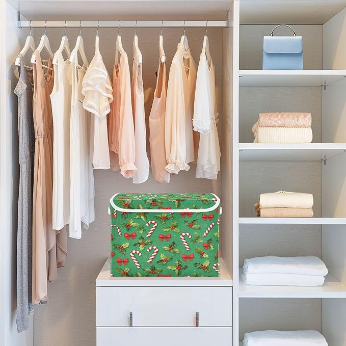 Christmas Candy Canes Holly Bows Storage Bins with Lids Foldable Storage Basket with Handles Collapsible Large Fabric Organizer Containers for Clothes Shelves Closet Office Home