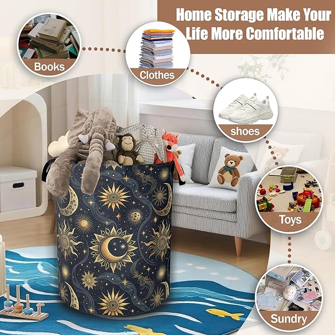Celestial Golden Sun Moon Laundry Hamper,Laundry Baskets,Waterproof Oxford Cloth Toy Storage for Bedroom,Bathroom,Nursery,16x20.8 Inch