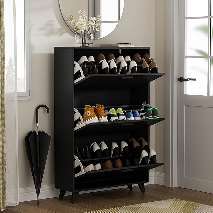 Black Shoe Storage Cabinet - Fit up to Size 16, 3 Flip Drawers, Wooden Organizer for Entryway, Closet, Living Room
