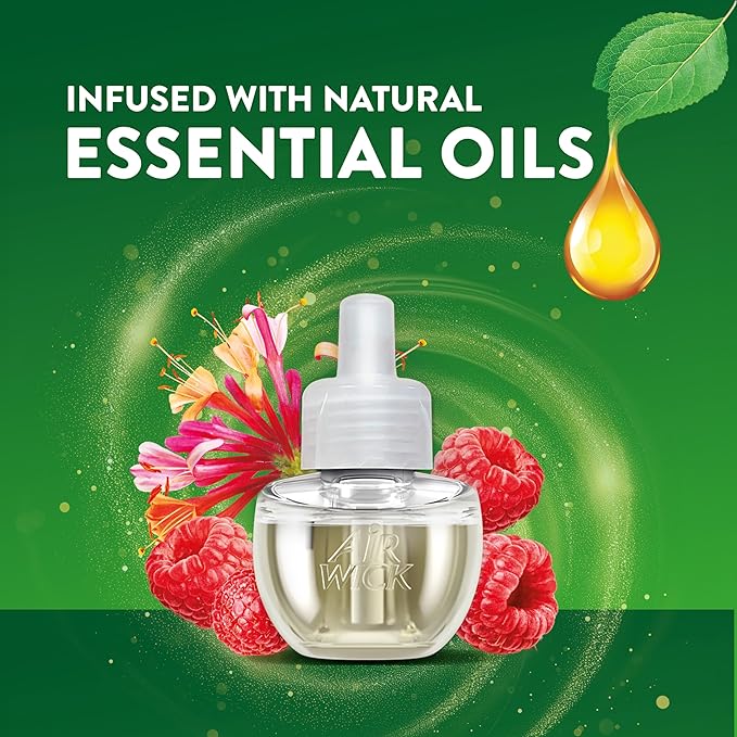 Air Wick Plug In Scented Oil Refill, Infused with Essential Oils, Plug In Air Fresheners for Home, Honeysuckle & Raspberry, 4 ct