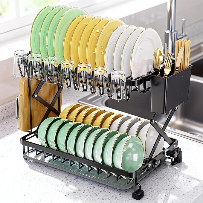 2-Tier Dish Racks for Kitchen Counter, Stainless Steel Kitchen Dish Drying Rack Large Dish Drainers for Kitchens Counter, Space Saving Dishes Strainer for Bowl, Plate, Cup - Modern Counter Organizer