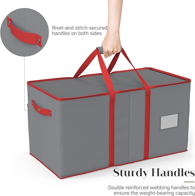 Christmas Ornament Storage Box with 8 Trays, Christmas Storage Container for 128-3'' Holiday Ornament Decorations, Large Xmas Organizer with Adjustable Dividers, Dual Zipper and Pocket (Grey)