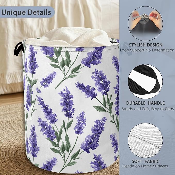 Lavender Laundry Basket,Oxford Cloth Laundry Hamper with Handle Foldable Portable Clothes Storage Basket for Bathroom Bedroom Dorm Room 16" x 20.8"