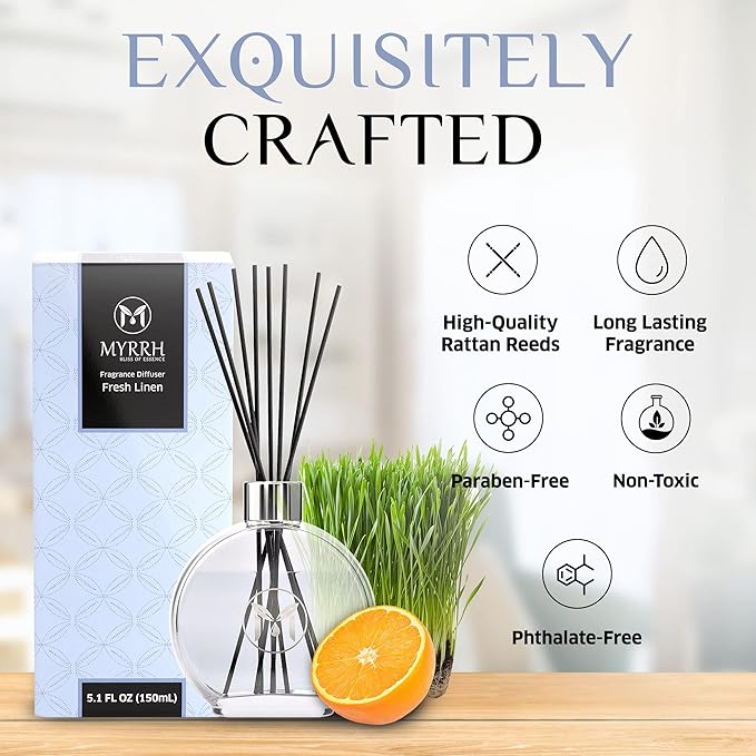 Fresh Linen Scented Reed Diffuser Set with 8 Rattan Diffuser Sticks,150 ml, All Natural Air Freshener, Long-Lasting Diffusers at Home - MyrrhUSA