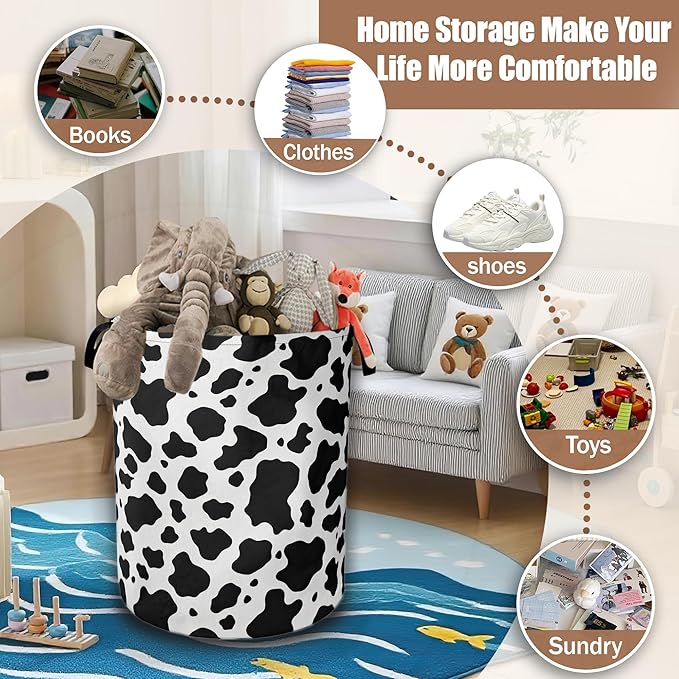 Cow Print Laundry Basket,Waterproof Foldable Laundry Hamper,Dirty Clothes Basket, Linen Bin Storage Organizer Collection 16" x 20.8"