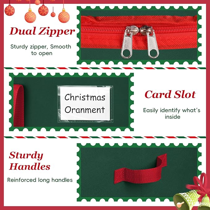 Christmas Ornament Storage Box 2 PCS, Holds Up to 256 Ornaments with Adjustable Dividers, Holiday Decoration Ornament Organizer Storage Bin with Zipper and Handles, Green