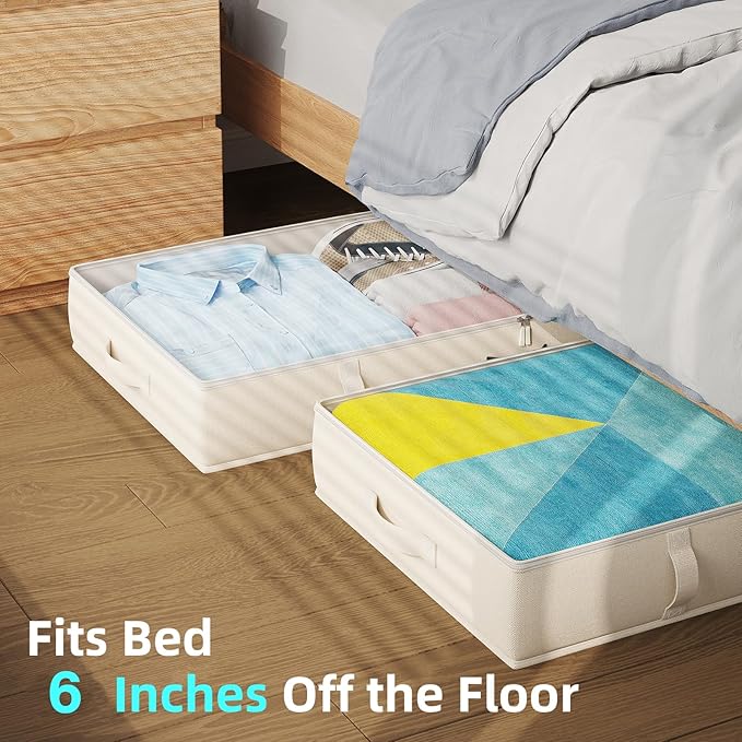TidyCorner 2-Pack Under Bed Storage, 6 Inches Tall Closet Organizers and Storage Bins with Sturdy Sidewalls/Bottom/4 Handles, Beige