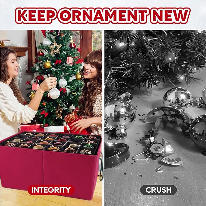 Christmas Ornament Storage Box，Stackable 3 Drawer Organizers，Max 72 3" Christmas bauble, Adjustable Christmas Ball Storage Container Bins, Red