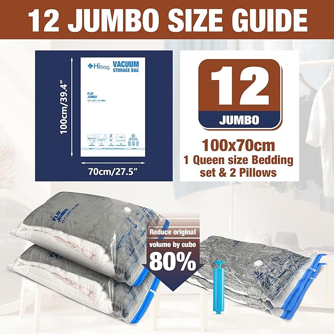 HIBAG Vacuum Storage Bags, 12 Jumbo Vacuum Seal Bags for Clothing, Space Bags for Clothes, Comforters, Blankets, Bedding (12J)