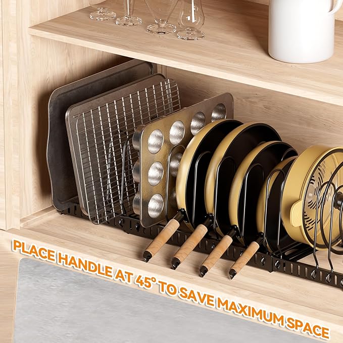 Besda Pot and Pan Organizer Rack for Cabinet, Expandable Pot Lid Organizer Holder with 12 Adjustable Compartment for Kitchen Cutting Board, Pan Lid, Cabinet Cookware Baking