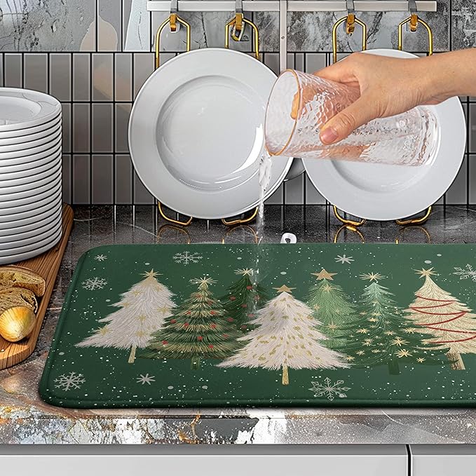 Wnoesat Green Christmas Tree Snowflakes Dish Drying Mat for Kitchen Counter 18x24 Inch Winter Xmas Holiday Dish Rack Mat Absorbent Microfiber Dish Draining Mat Reversible Drainer Pad