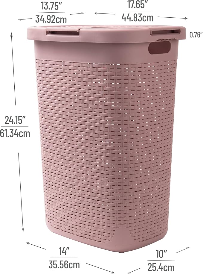 Mind Reader Slim Laundry Hamper with Lid, 60L Clothes Basket, Premium Wicker Design, Plastic, Pink