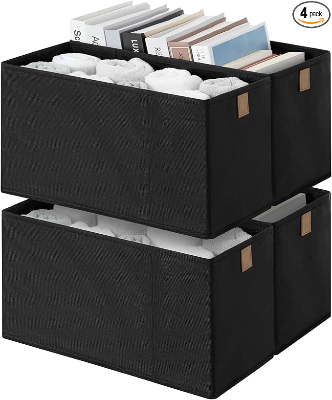 StorageWorks Narrow Storage Basket, Narrow Baskets for Shelves, Fabric Storage Bins with PU Handle, Perfect for Clothes, Underwear, Books, Socks, Black, 4-Pack
