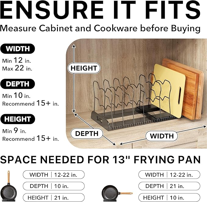 Simple Houseware Expandable Pan Organizer Rack, 10 Adjustable Compartments, Black - Kitchen Cabinet Organizer for Pots, Pans, Lids & Bakeware - Pantry & Countertop Storage