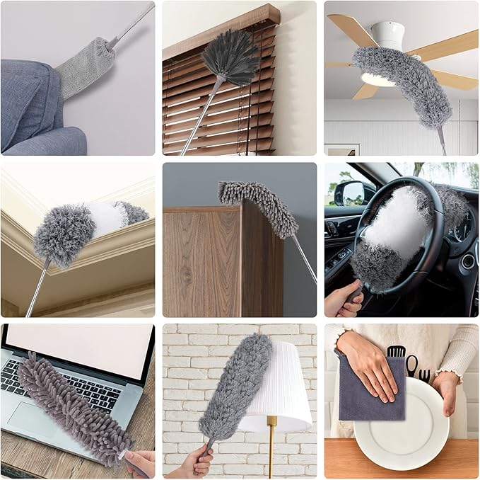 DEEHYO Microfiber Duster for Cleaning Fan, High Ceiling, Blinds, Furniture, Cars , 9PCS Extendable Feather Duster (Stainless Steel) 30 to 100 Inches, Reusable Bendable Washable