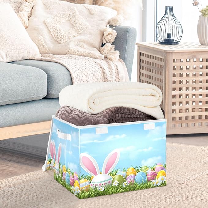 Bolaz Easter Bunny Ear Egg Storage Bins with Lids and Handles, Storage Box Basket with Cover Collapsible Organizer Containers for Home Closet, Shelves
