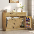 Double Tilt Out Laundry Hamper Cabinet, 43.3" Laundry Storage Cabinet with 2 Removable Baskets, Farmhouse Wooden Hidden Trash Bin Cabinet with Open Shelving, for Bathroom, Natural
