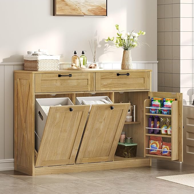 Double Tilt Out Laundry Hamper Cabinet, 43.3" Laundry Storage Cabinet with 2 Removable Baskets, Farmhouse Wooden Hidden Trash Bin Cabinet with Open Shelving, for Bathroom, Natural