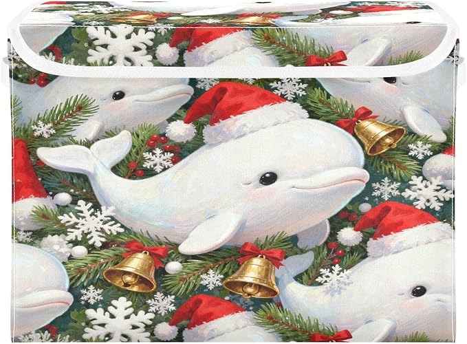 Christmas Dolphin Pattern Storage Bins with Lids Foldable Storage Basket with Handles Collapsible Large Fabric Organizer Containers for Clothes Shelves Closet Office Home