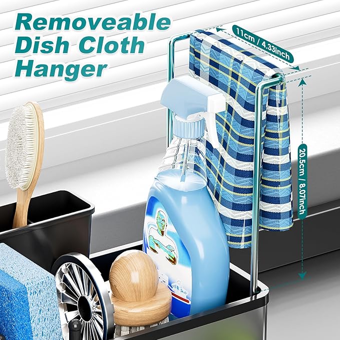 Ewaiira Stainless Steel Sink Caddy, Sponge Holder for Kitchen Sink with Brush Holder & Dishcloth Rack, Rustproof Sink Organizer Countertop, Soap Dispenser Kitchen Organizers Storage Essentials, Black