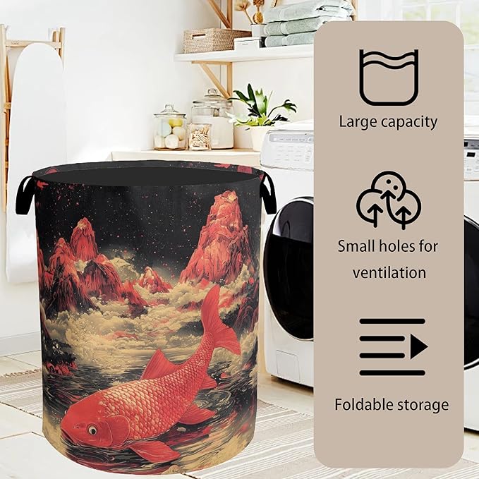 Japanese Style Red Fish Laundry Basket - Heavy Duty 60L Dirty Clothes Organizer, Water Resistant Foldable Hamper for Men Women