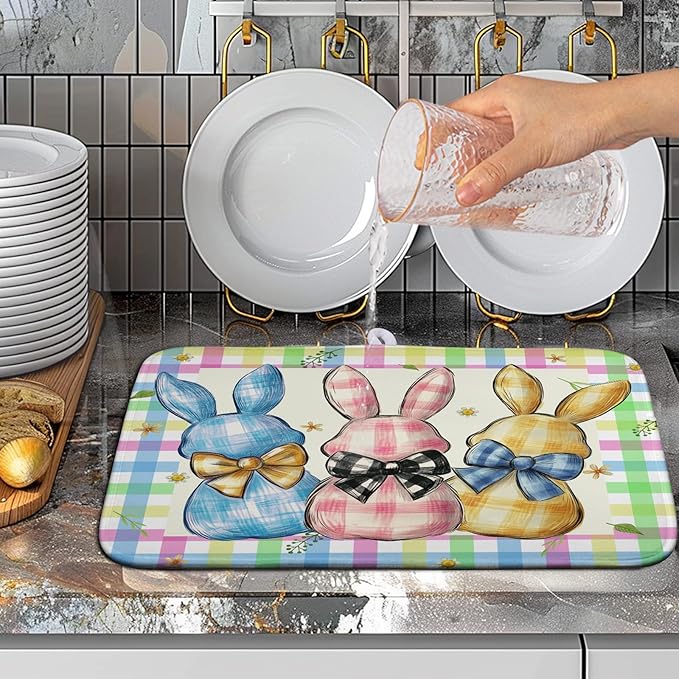Wnoesat Easter Drying Mat for Kitchen Counter - 16x18 In, Multi-color (Buffalo Plaid), Microfiber & Composite Sponge, Cute Bunny Pattern, Absorbent Dish Drainer Mat