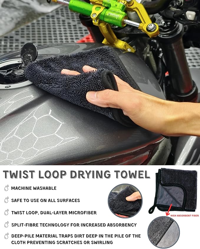 oesee 8 Pack Motorcycle Cleaning Kit - Professional Safe for Chrome/Engine/Tires, Hard Reach Brush, Microfiber Mitt, Detailing Tools, Drying Towel & Wax Applicators