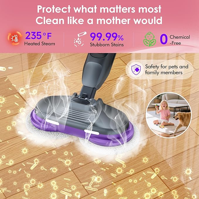 BOJUK Scrub and Steam Mop with LED Headlights, All-in-One Hard Floor Cleaner Rotating Mop, 6 Cleaning Pads, Swivel Steering, Cable Holder & XL Water Tank