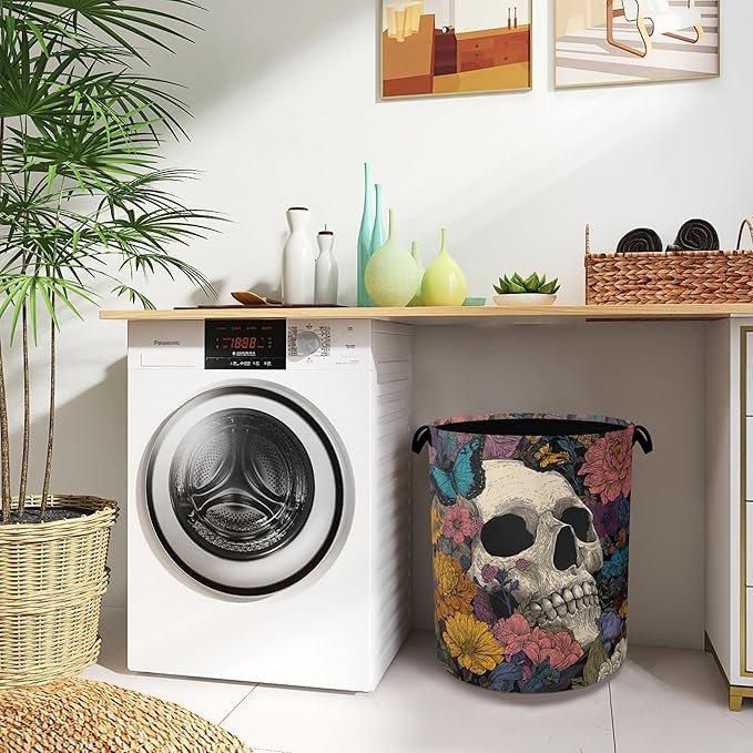Skeleton Laundry Basket,Butterfly Flowers Oxford Cloth Laundry Hamper with Handle Foldable Portable Clothes Storage Basket for Bathroom Bedroom Dorm Room 16" x 20.8"