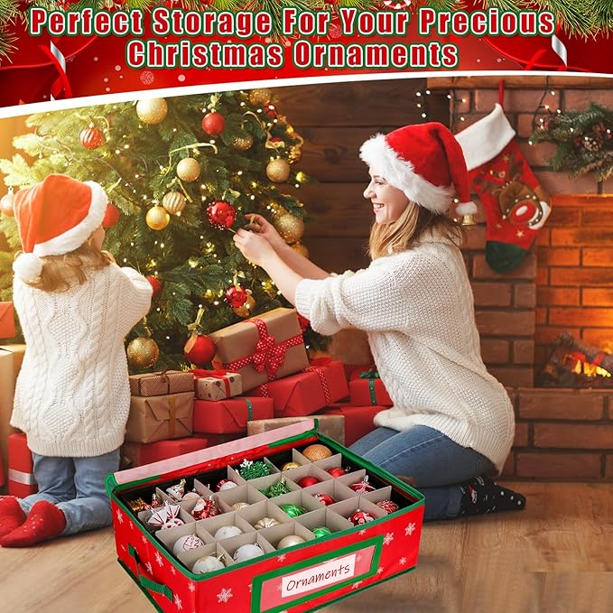 Hysagtek Ornament Storage Box, Underbed Christmas Ornament Storage Container with Dividers, 2 Removable Trays for 48-3” Ornaments, Christmas Storage Containers with Handles for Holiday Decorations