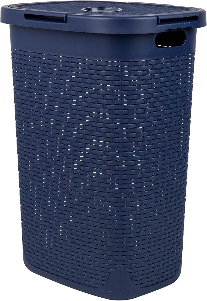 Mind Reader Slim Laundry Hamper with Lid, 60L Clothes Basket, Premium Wicker Design, Plastic, Navy