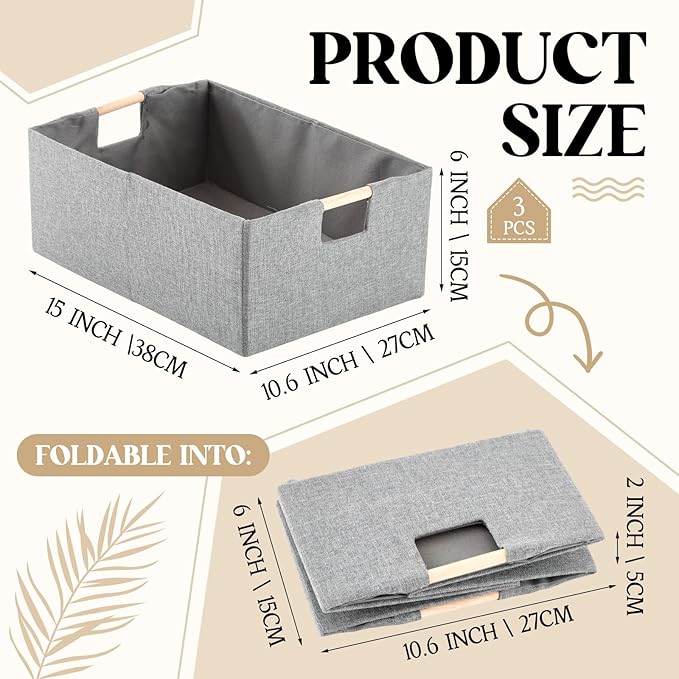 3 Pack Fabric Storage Bins for Closet Shelves, Rectangle Wardrobe Organizer with Handle, Collapsible Shelves Storage Basket for Sorting Clothes and Toy (Grey,15 x 10.6 x 6 Inch)