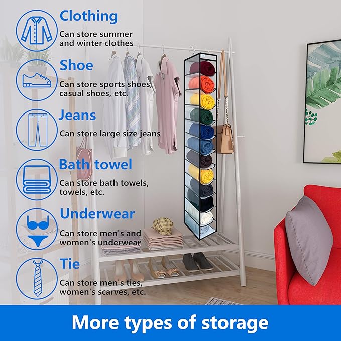 zebricolo,Closet Organization,12 Section, Hanging Closet Organizer, Space Saving, College Dorm Essentials for Girls,Heavy dutys Hooks Up to 45 Pounds,Clothes Storage,Closet Organizer,White/Black
