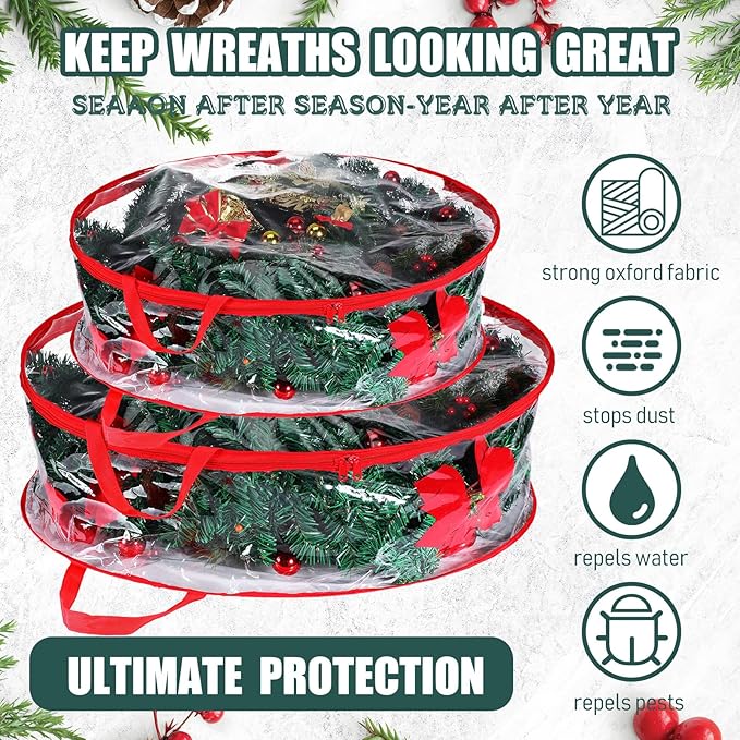 Zhengmy 4 Pack 30" 24" Wreath Storage Container Clear Christmas Wreath Storage Bags with Handle and Dual Zipper Plastic Decorative Garland Protector for Xmas Seasonal Holiday(Red)