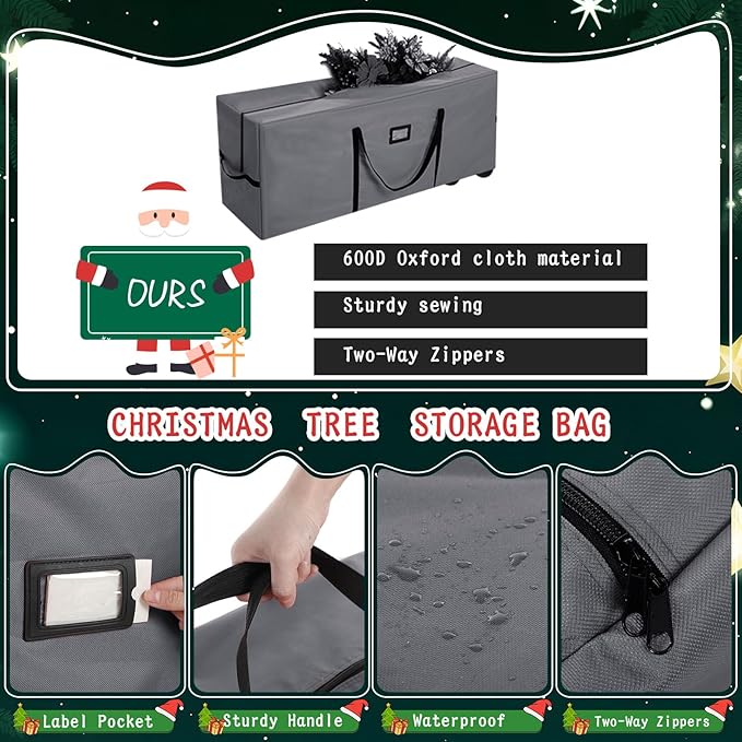 9 Ft Heavy Duty Christmas Tree Storage Bag 900d Oxford Fabric with Wheels and Reinforced Handles, Durable Xmas Storage Box for Disassembled Holiday Tree (9 ft,Grey)