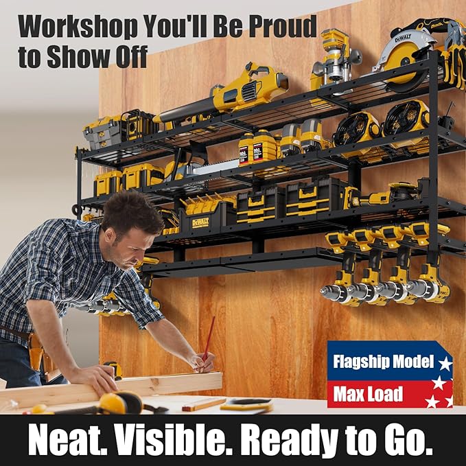 STURDIFLOW XLarge 64''W Power Tool Organizer Wall Mount | Modular&Corner-Fit 820lbs Garage Storage Rack with 8 Cordless Drill Holder | 4-Tier Heavy Duty Utility Shelf for Battery Workshop Organization