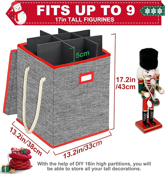 Christmas Nutcracker Collectibles Storage Box, Large Ornament Box for 9-16' Tall Nutcrackers, Ornaments (Red and Gray)