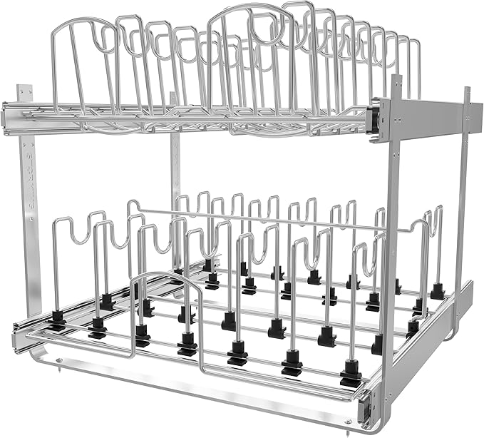 STORKING 2-Tier Kitchen Pull out Cabinet Organizer for Pots, Pans, and Lid Cookware, Adjustable Heavy Duty Wire Pan and Pot Rack, Full-Extension Rail 21" W *22" D