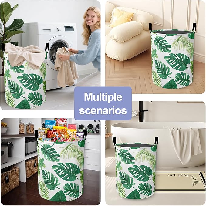 Tropical Palm Leaves Laundry Hamper Large Canvas Fabric Lightweight Storage Basket/Dirty Clothes Collapsible Waterproof for College Dorms, Boys and Girls Bedroom,Bathroom
