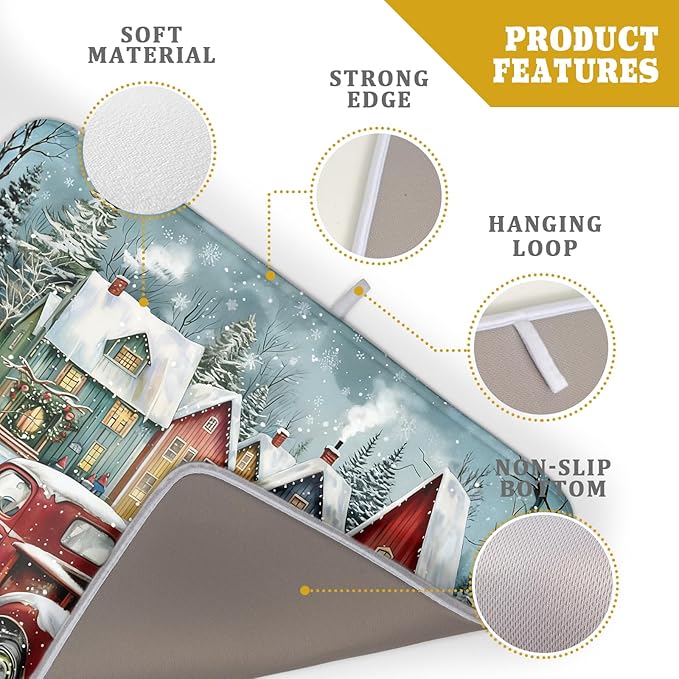 Christmas Dish Drying Mat for Kitchen Counter 24x18 Inch Xmas Red Truck Drying Mat with Absorbent Reversible Microfiber House Snowman Winter Dish Drainer Mats Rack Pad for Coffee Countertop Protector