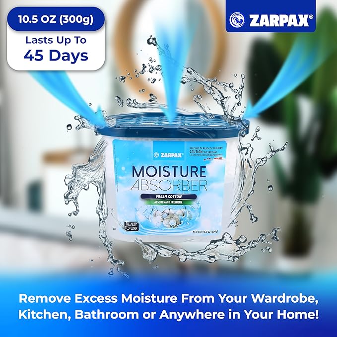 ZARPAX Moisture Absorber Fresh Cotton 10.5 oz/300g | Removes Moisture, Damp & Humidity | Odor Absorber With Fresh Cotton Fragrance | Moisture Trap for Bathroom, Closet, Kitchen | Set of 15