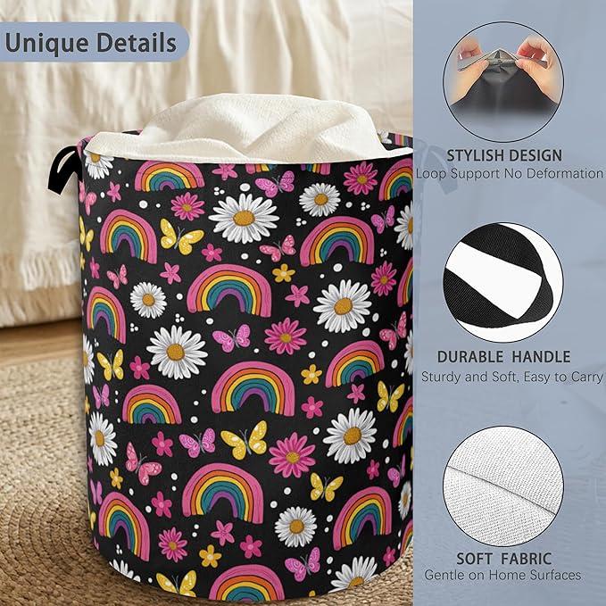 Rainbow Boho Butterfly Laundry Basket,Daisy Oxford Cloth Laundry Hamper with Handle Foldable Portable Clothes Storage Basket for Bathroom Bedroom Dorm Room 16" x 20.8"