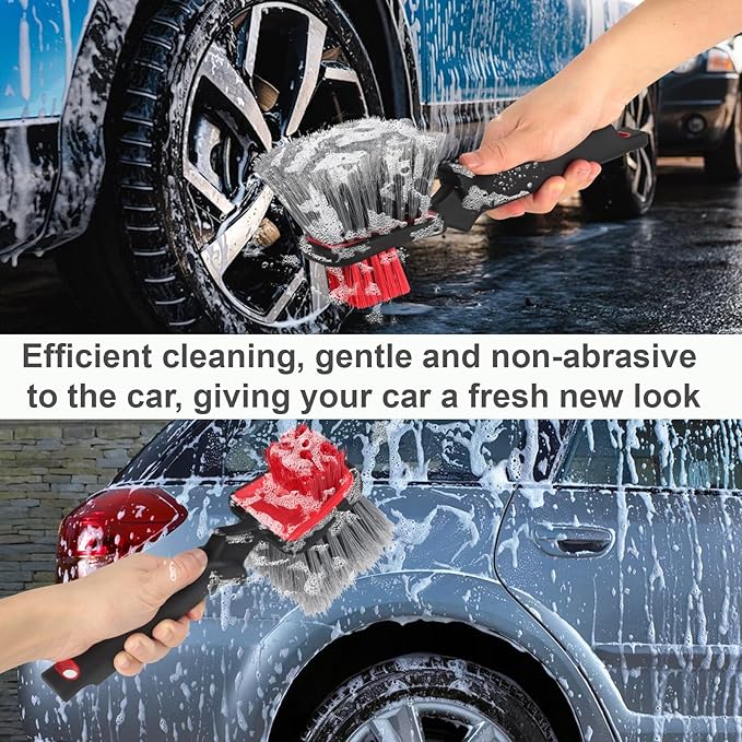 Dual Head Car Clean Brush, Wheel & Tire Brush, car Wheel Brush,Short Handle Tire Cleaner for Car Detailing, Car Cleaning Brush Black/Red, 9.8 Inch x 3.1 Inch