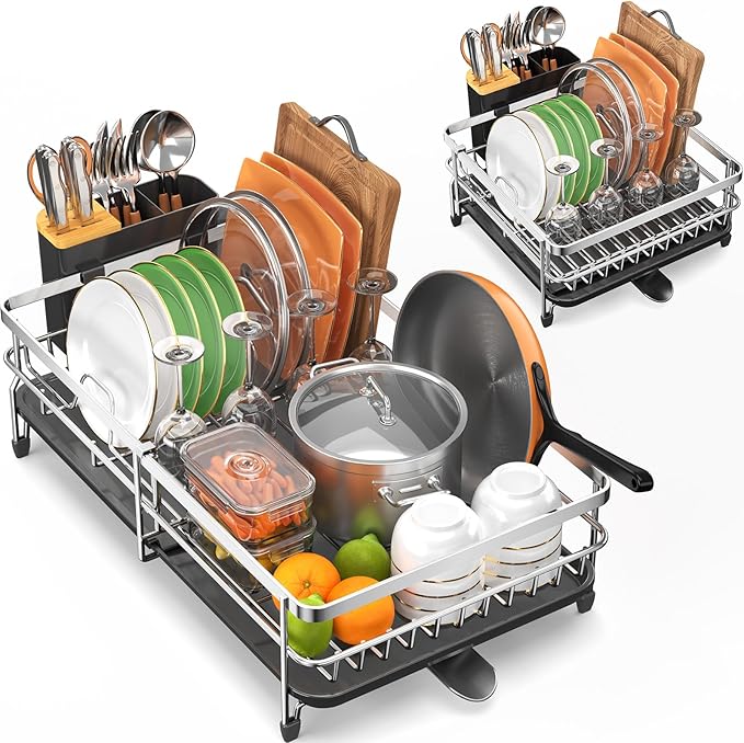 Expandable Dish Rack, Dish Drying Rack for Kitchen Counter, Foldable Dish Dryer Rack, Stainless Steel Dish Drainer Racks with Cutlery Holder, Collapsible Dish Drying Racks Standard Size, Silver