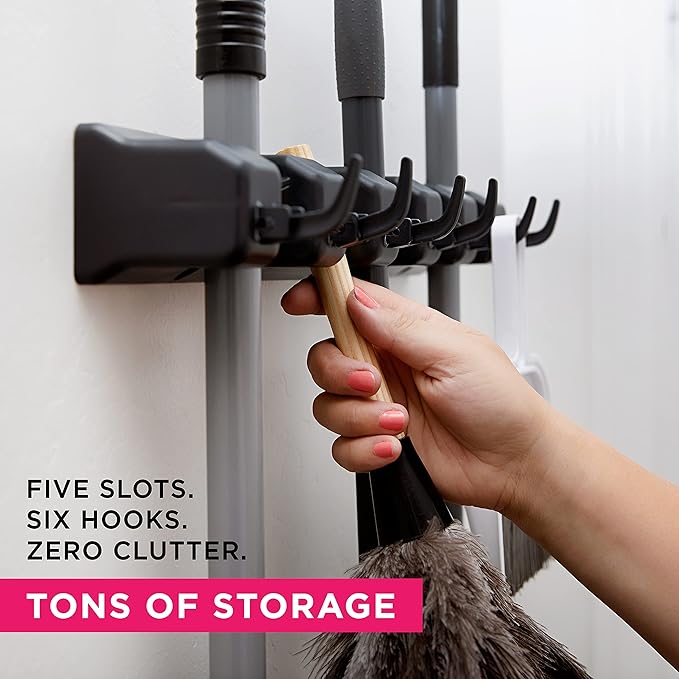 Berry Ave EXTRA GRIP Mop & Broom Holder Wall Mount – Wall Hanging Organizer for Garden Tools, Closet, and Utility Storage, Includes Hardware, Fits Standard Brooms & Mops