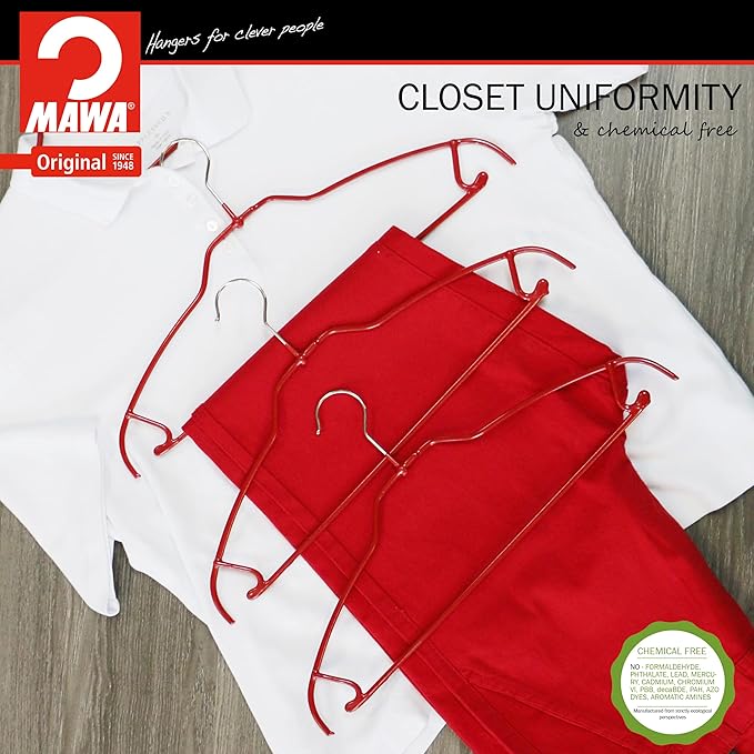 Mawa by Reston Lloyd Silhouette Ultra-Thin Series, Non-Slip Space Saving Shirt Hanger with Pant Bar & Skirt Hooks, Style 42/FTU, Pack of 2, Red