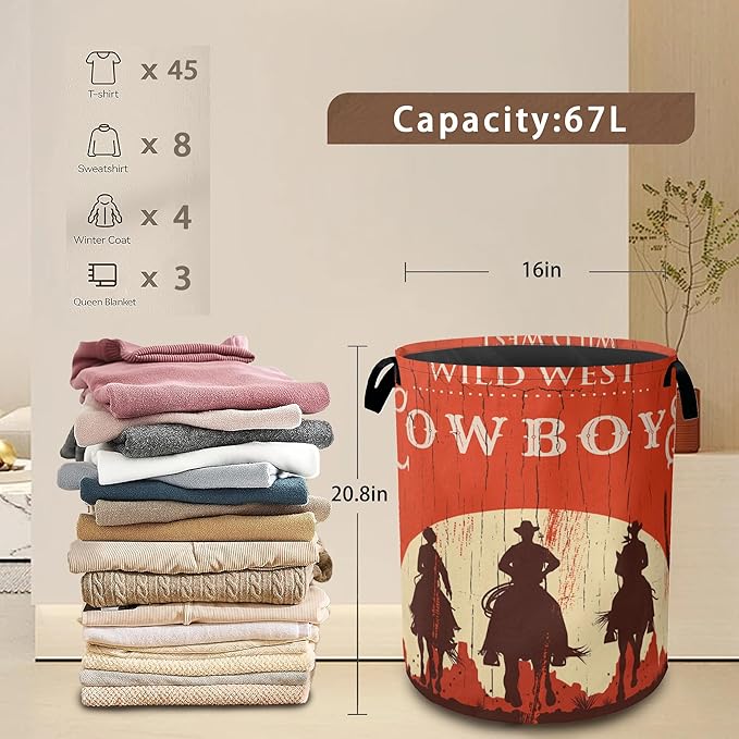 Western Cowboy Collapsible Laundry Baskets,Laundry Hamper,Storage Basket with Handles for Bathroom Bedroom College Dormitory Living Room Nursery Organizer 16"x20"